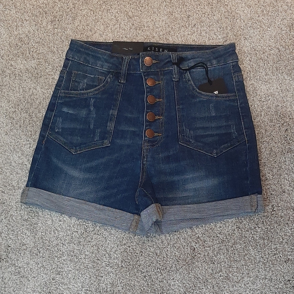 NWT Risen High Rise Dark Wash Button Fly Denim Shorts